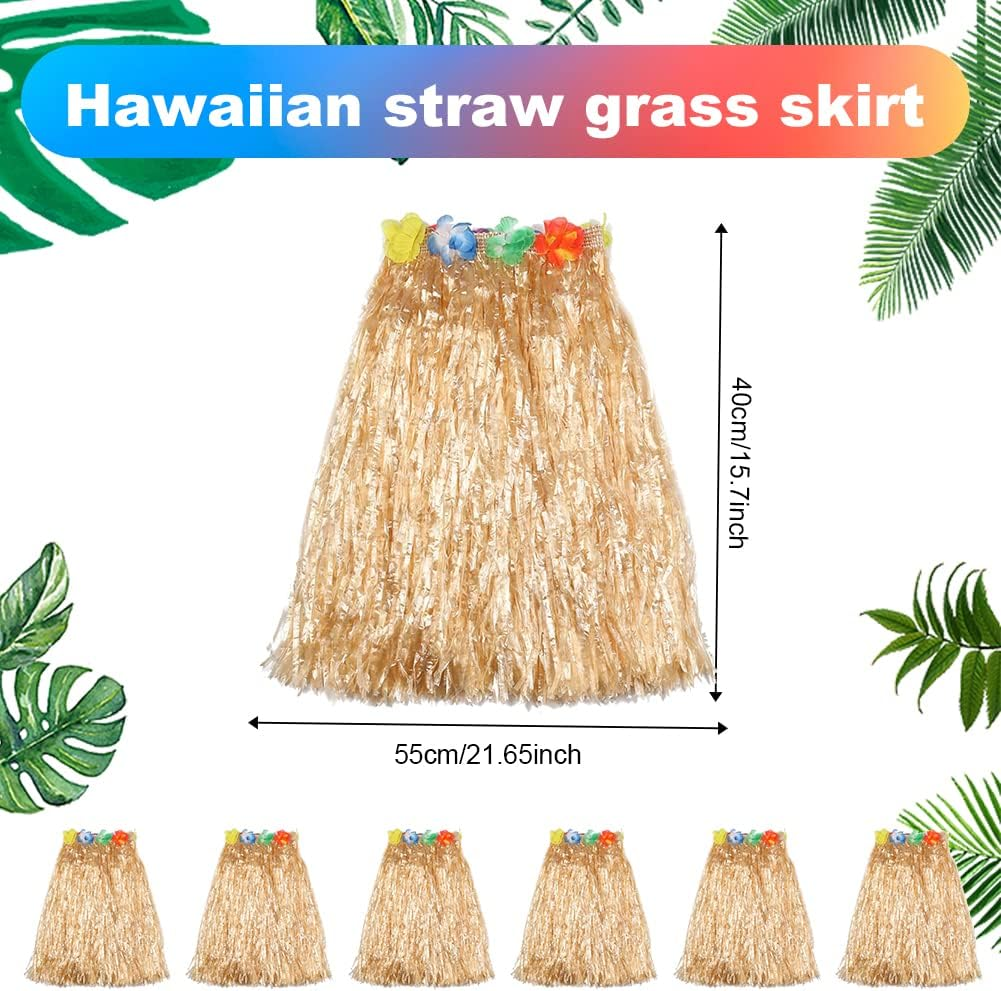 Homiliky 6 Pcs 40Cm Hula Grass Skirt Hawaiian Leis Dance Dress Set with Flower,Elastic Skirt Golden Straw Color for Hawaiian Aloha Beach Summer Party Supplies image number 1