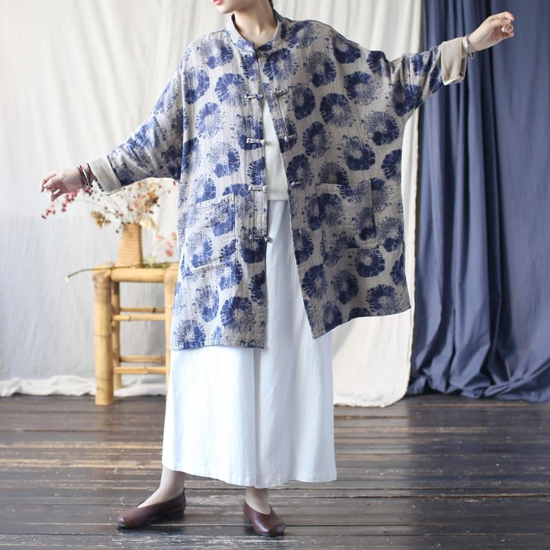 Women'S Vintage Chinese Style Cotton Linen Jacket Long Sleeve Frog Button Coat Loose Fit Tops Blue image number 2