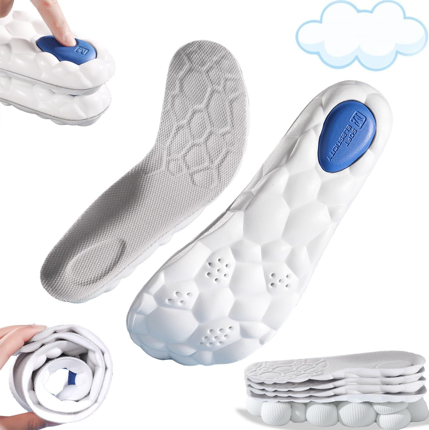 Sport Insoles Ultra-Soft Latex Insoles for Men & Women - High Elasticity, Shock Absorption, Sweat-Absorbing, Thickened Comfort for Running Training Hiking Orthotic Comfort Insoles for Sneakers L(EU 43-44) image number 4