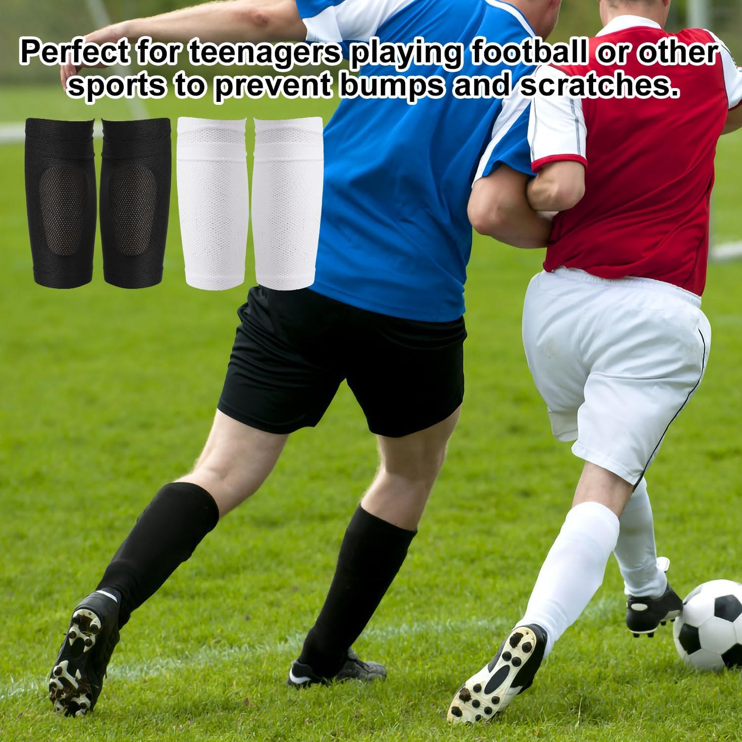 2 Pair Shin Pads Socks, Breathable Football Shin Pads Holders Soccer Shin Guard Socks Soccer Sock Sleeves Soft Calf Sleeves for Kids Adults Beginners (Black & White) image number 1