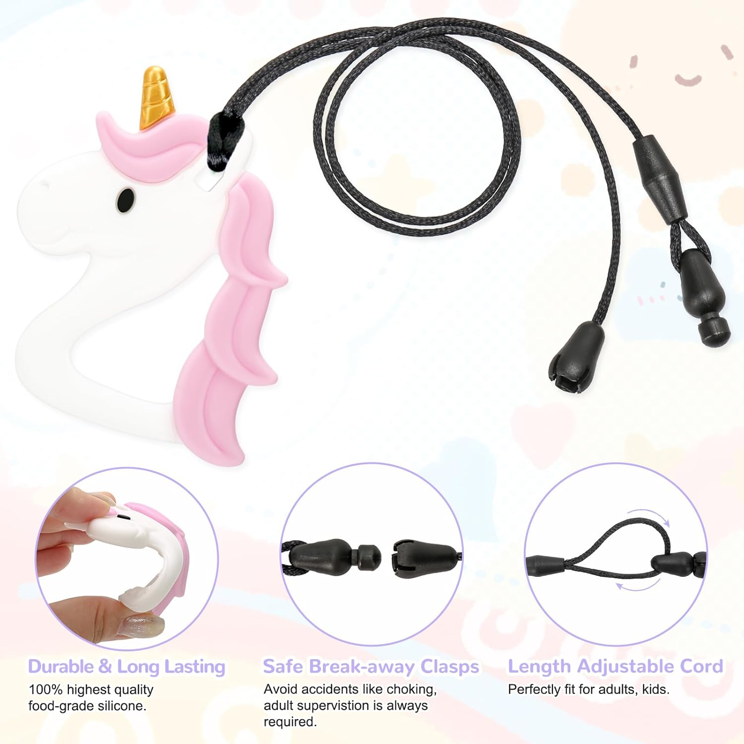 Chew Necklaces for Adults and Babies - Pony 5-Piece Set, Bpa-Free Silicone Sensory Chew Necklaces for Anxiety Relief, with Massage Blocks to Relieve Teething Pain, Stimulates Oral Movements image number 6