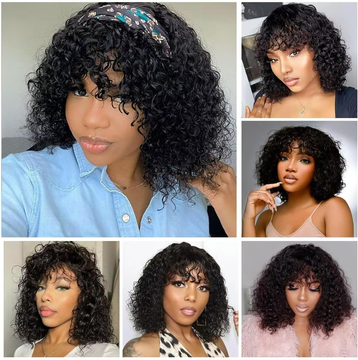 Real Hair Wig, 12 Inches, Short Kinky Curly Human Hair Wigs for Women, Bob Curly Wigs, Curly 180% Density, Human Hair Wig with Fringe Wigs, Brazilian Human Hair image number 5