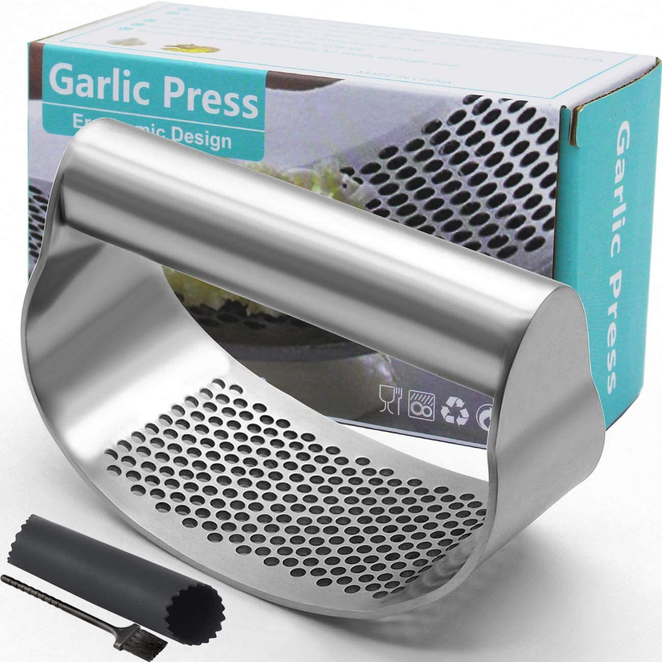 Garlic Press Rocker, Stainless Steel Garlic Crusher Garlic Mincer Presses and Ginger Press Squeezer with Silicone Tube Garlic Peeler Clean Brush,Dishwasher Safe Sturdy Kitchen Gadget Tools,Easy to Use image number 4