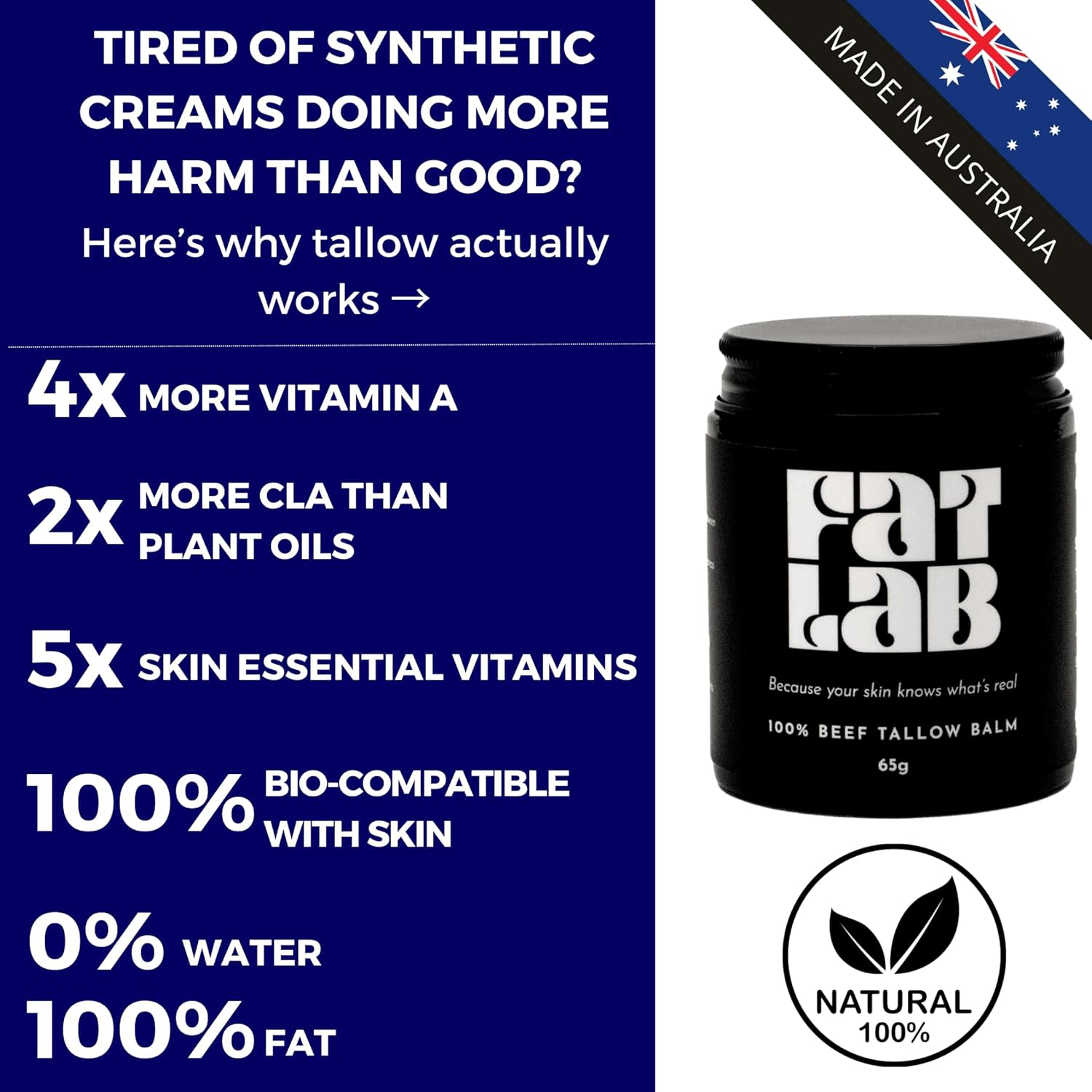 Beef Tallow for Skin | Pure Grass Fed Beef Tallow Moisturiser, Deep Hydrating, Anti-Inflammatory, Non-Comedogenic | Fat Lab Tallow (30G)