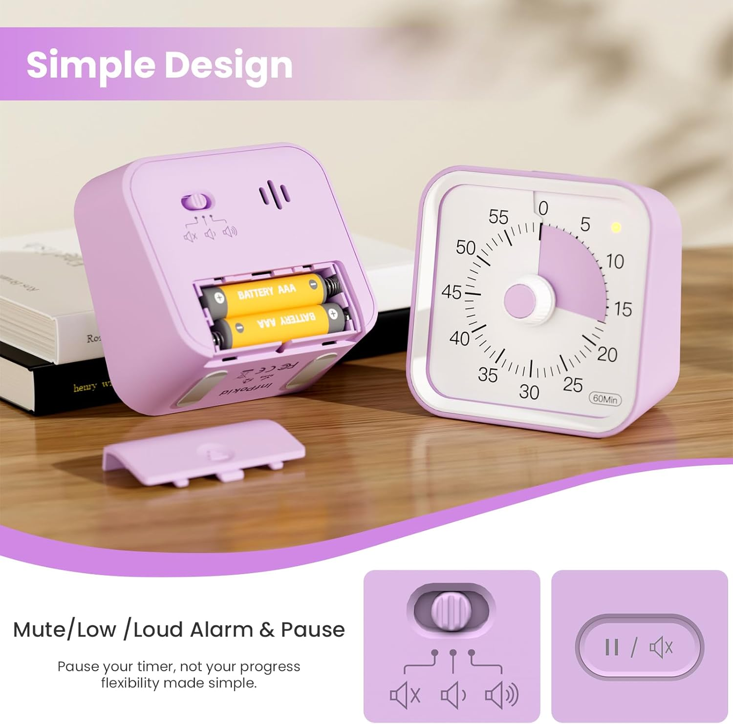 Visual Timer with Pause Function for Kids and Adults, Productivity Timer for Study, Teaching, Kitchen Cooking, Office Meetings, Time Management for ADHD (Purple) - Blue image number 4