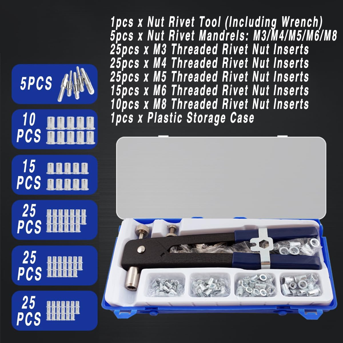 107-Piece, Rivet Nut Tool Kit, Nutsert Gun Wrench Set with M3-M8 Mandrels, Comprehensive Riveting Set for Versatile Fastening image number 6