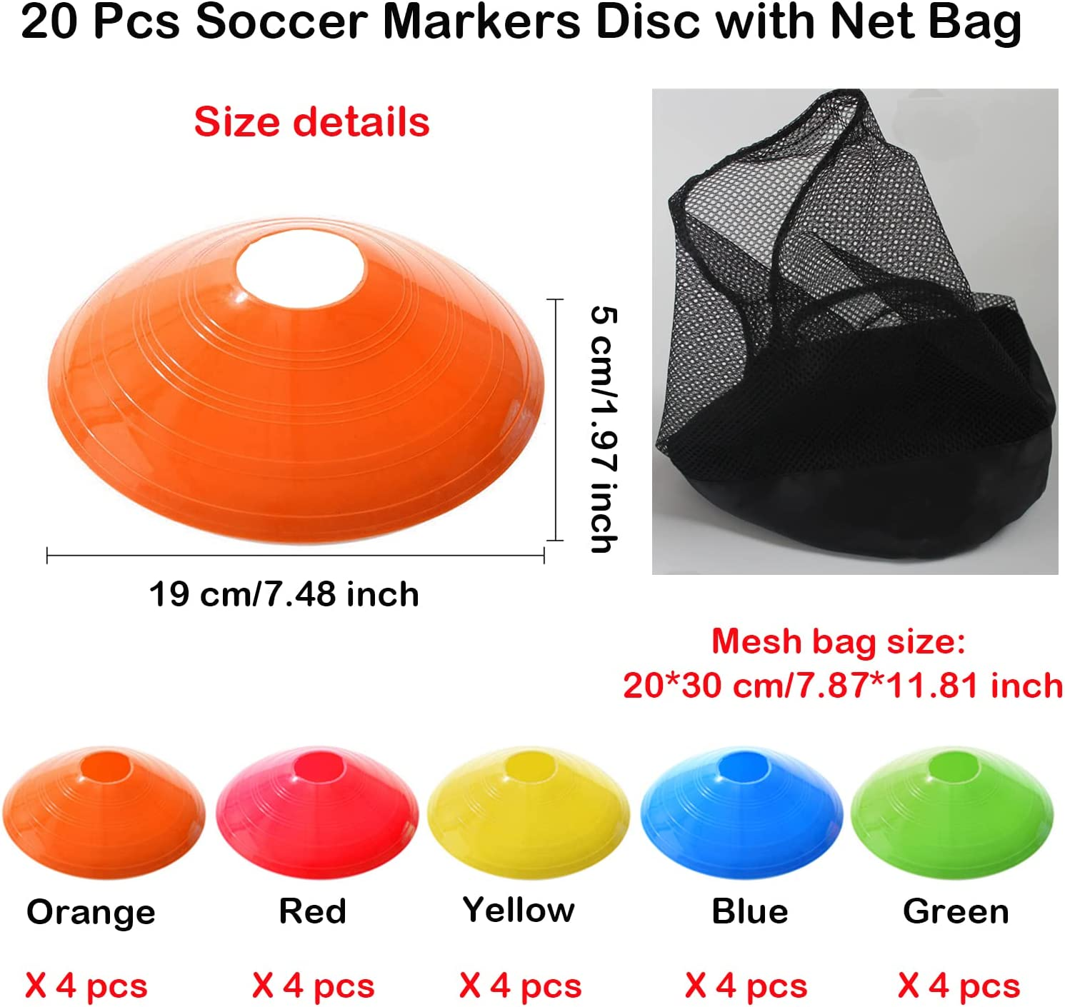 Taicols Agility Field Cones, 20 Pcs Soccer Markers Disc with Net Bag, Pro Disc Cones for Training Football, Soccer Cones Training Equipment for Low Profile Field Markers Training Football Basketball image number 4