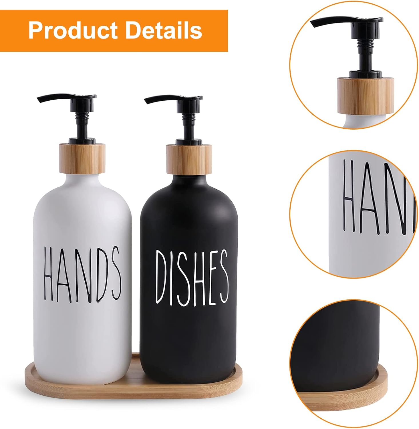 Soap Dispenser Glass 2-Set, 500Ml Shampoo Lotion Hand Soap Dispenser for Kitchen Worktop, Contains Wooden Tray and Pump Conditioner Dispenser- White+Black image number 4