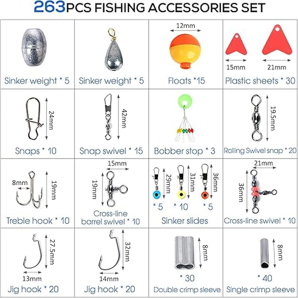 Fishing Accessories Kits,263Pcs with Tackle Box Saltwater Freshwater Including Jig Hooks, Cross Barrel Swivel, Barrel Snap Swivel, Sinker Slides, Lead Sinker, Treble Hooks image number 1