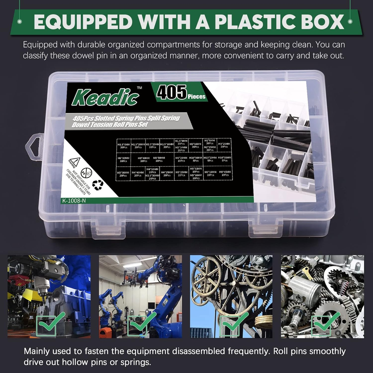 Keadic 405Pcs 27 Sizes Black Slotted Roll Pin Assortment Set, M1.5 M2 M2.5 M3 M4 M5 M6 M8 M10 Metric Split Spring Dowel Tension Roll Pins with Storage Case for Auto Repair Home Improvement