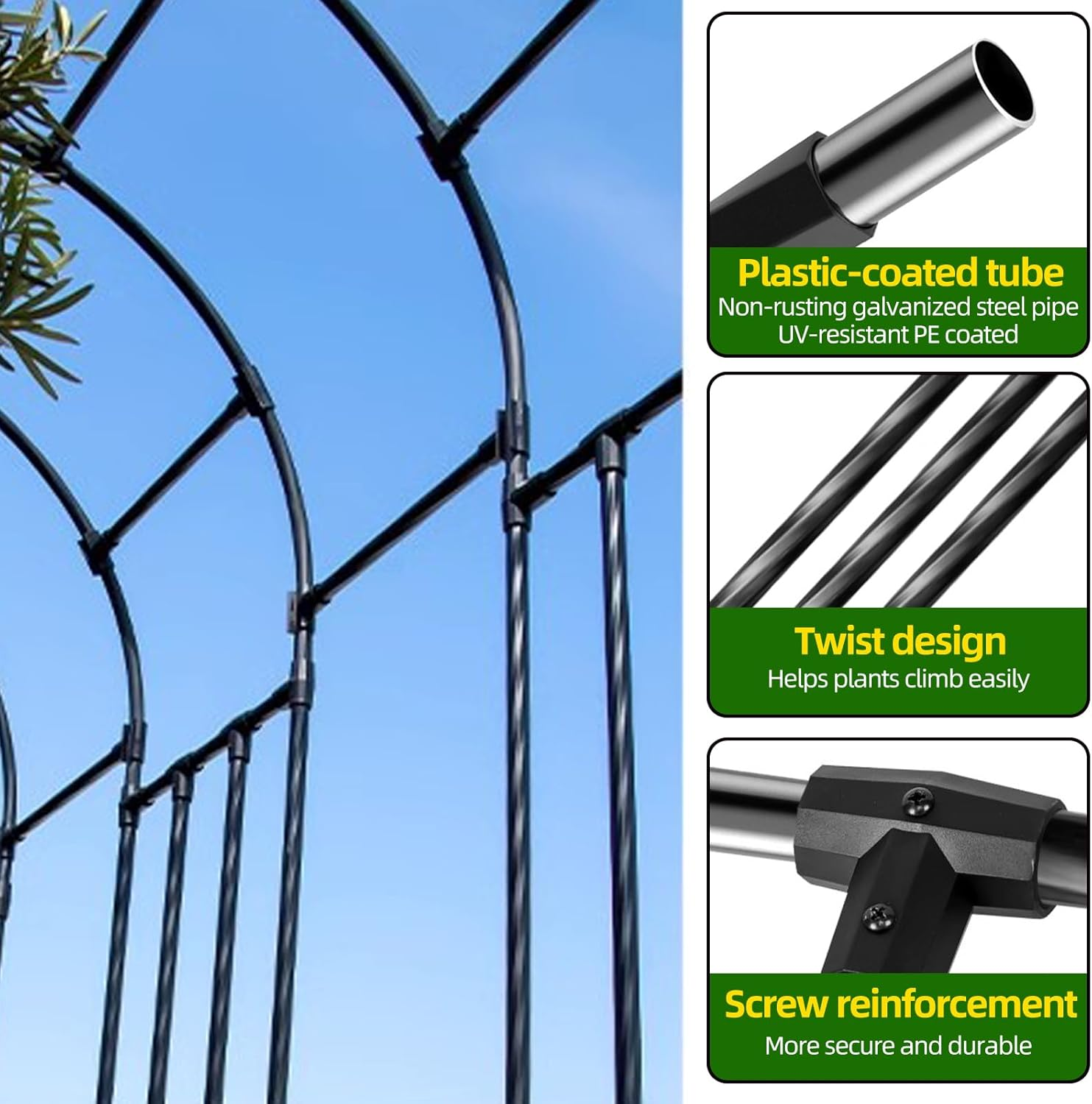 BUKLIYN Garden Arch Trellis - Length: 98.5In, Height: 94.5In Iron Garden Arch Arbor Trellis for Climbing Plants Outdoor - Garden Arch for Lawn, Party, Ceremony Wedding Decoration (Black) image number 2