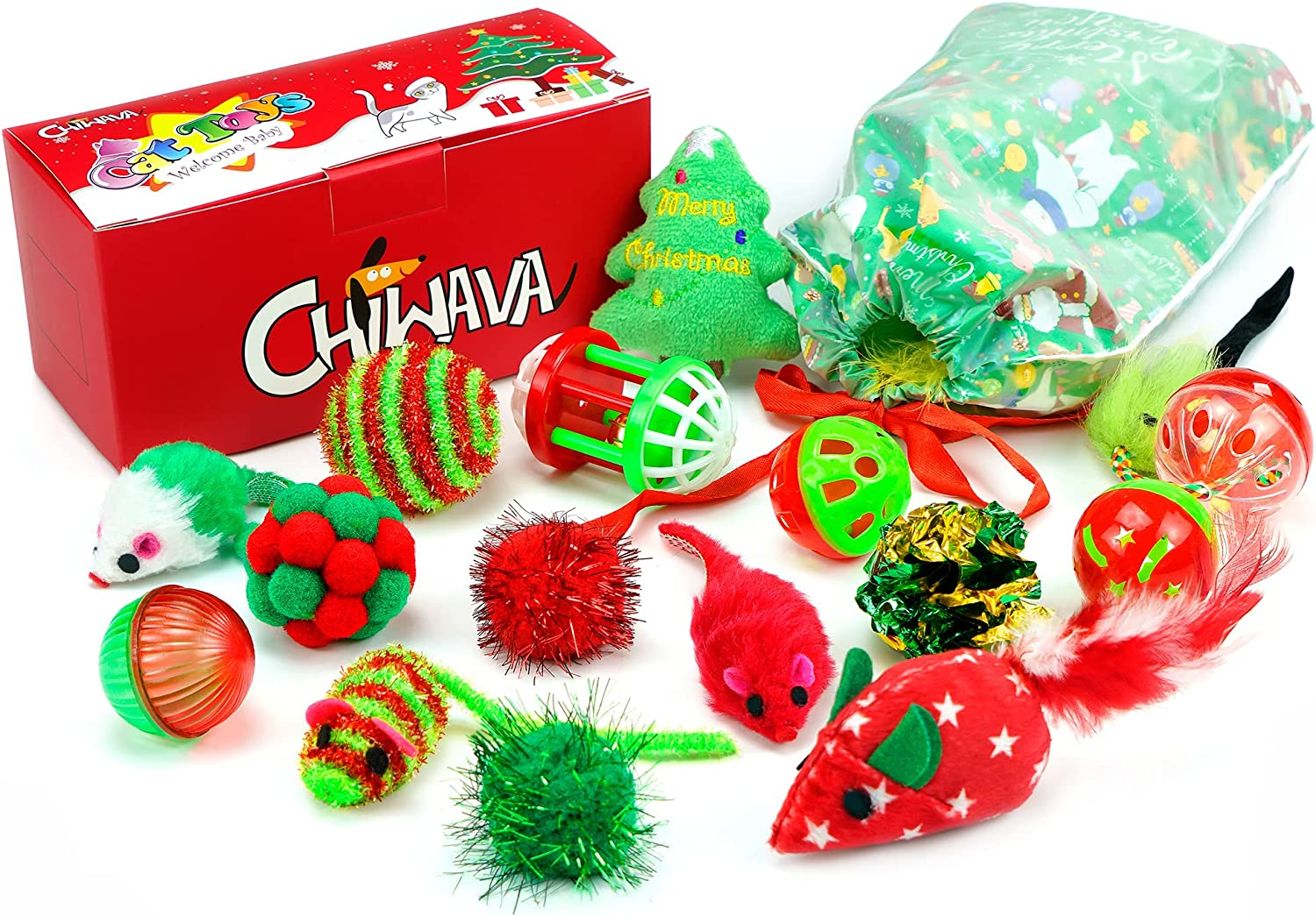 Chiwava 17 Pack Christmas Cat Toy Gifts Bag Set Assorted Toys Variety Pack Kitten Interactive Play image number 5