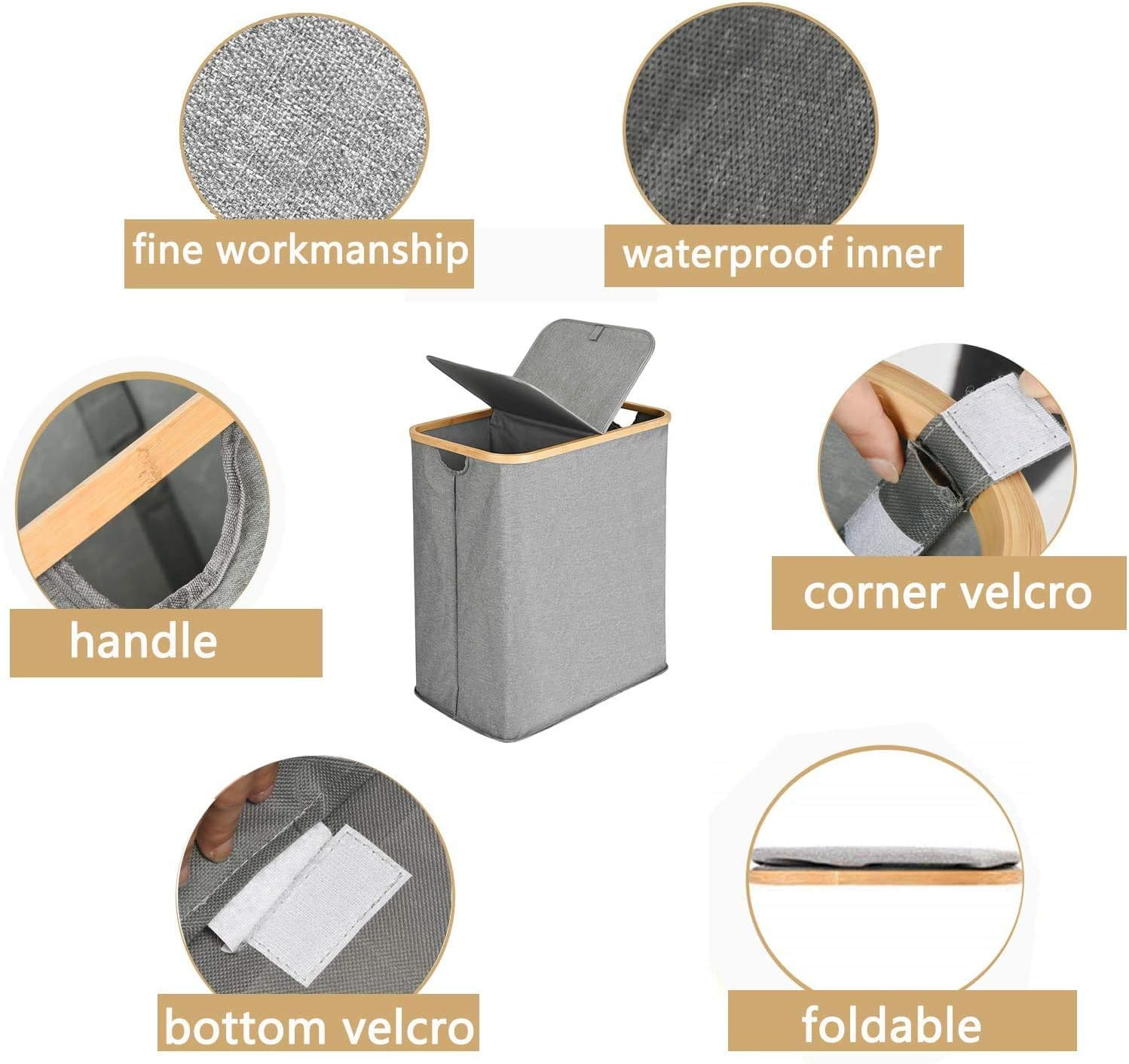 ALINK Divided Folding Bamboo & Canvas Laundry Hamper- Double Large Laundry Basket with Lid - Modern Collapsible Hamper with Handles, Waterproof Liner, Great for Adults, Bedroom, Bathroom, Living Room image number 3