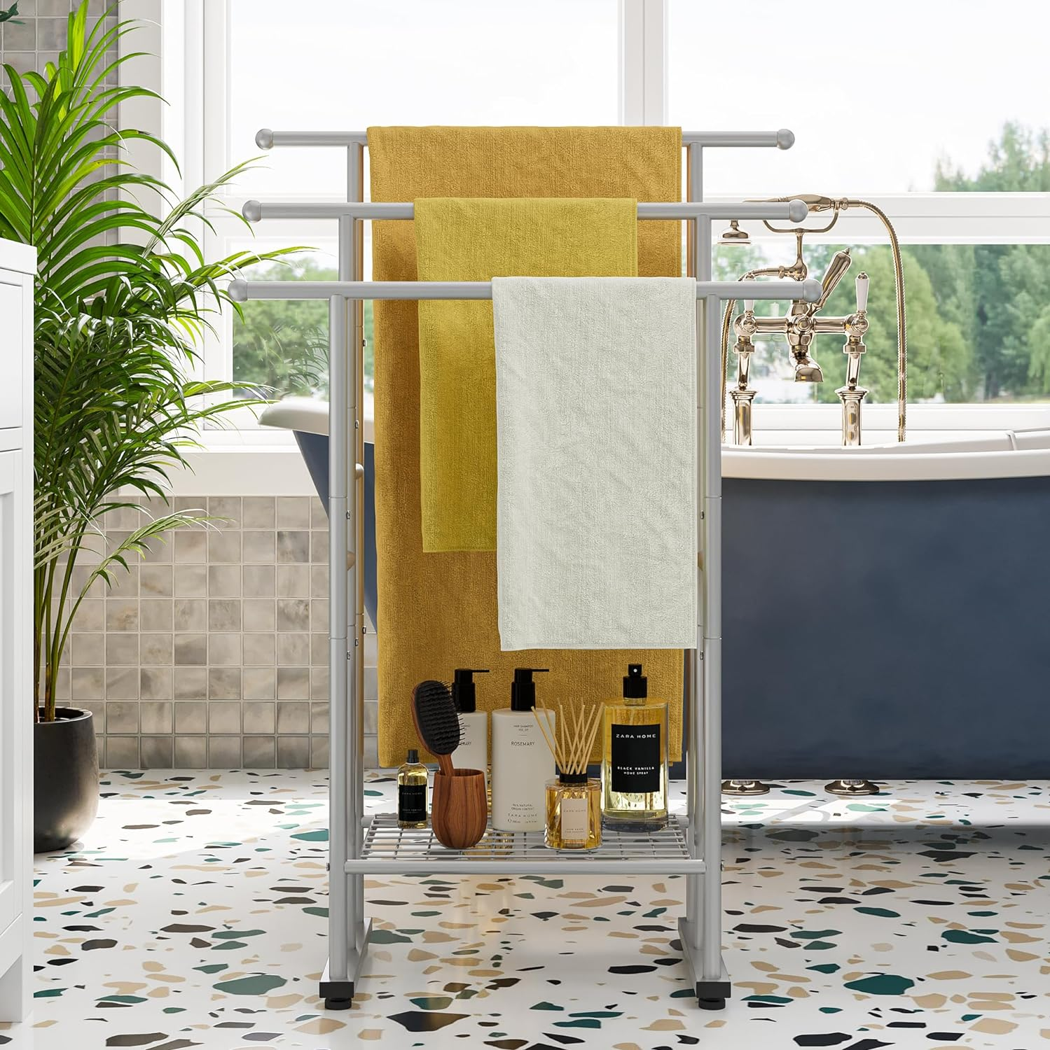 Tall Free Standing Towel Racks for Bathroom Towel Rack Stand with Storage Basket,3 Tiers Floor Bath Towel Holder,Anti-Rust Chrome Ladder Towel Bar,Silver image number 3