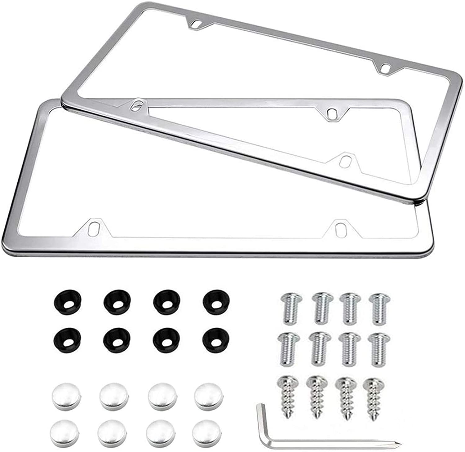 License Plate Frames, Indeebuy 2 Pcs 4 Holes Slim Stainless Steel Polish Mirror License Plate Frame and Chrome Screw Caps image number 2