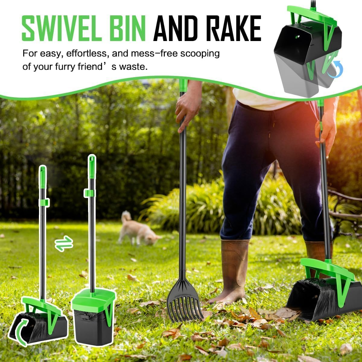 Dog Pooper Scooper Swivel Bin & Rake Kit with 100 Waste Bags,33.4" Stainless Steel Long Handle Heavy Duty Pet Poop Shovel for Large Medium Small Dogs, Odor-Proof Lid for Yard/Lawn/Outdoor Use