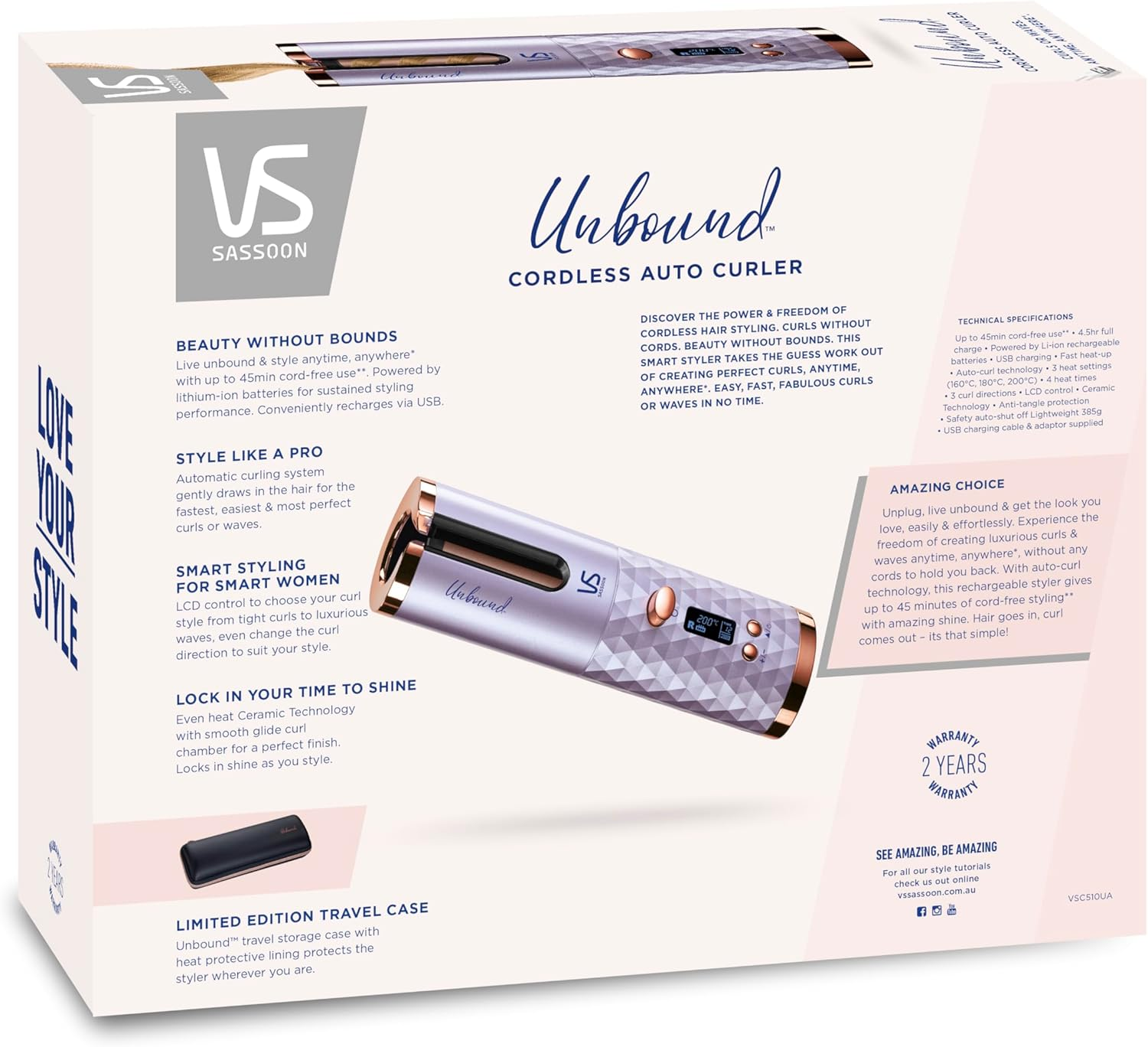 VS Sassoon Curl Secret&reg; Cordless Ceramic Auto Curler, Fast Heat Up, 2 Heat Settings, 3 LED Curl Presets, USB Charging, Cord Free Use for up to 40 Mins, anti Tangle Protection, 15Mm Barrel, Lightweight, Includes Travel Case, Sectioning Clips & Wide Tooth Comb. Metallic Grey/Gold (VSC1040A)
