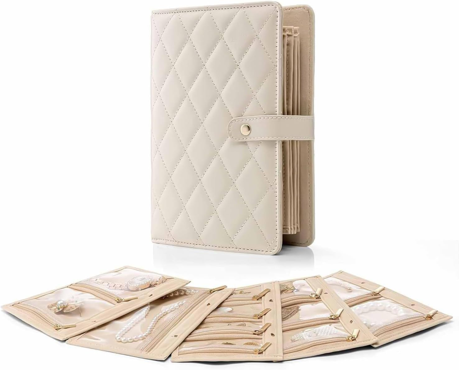 Travel Jewellery Organiser, Jewellry Home Storage Book Ring Binder with Clear Zipper Velvet Pouches for Rings, Necklaces, Earrings (Beige)