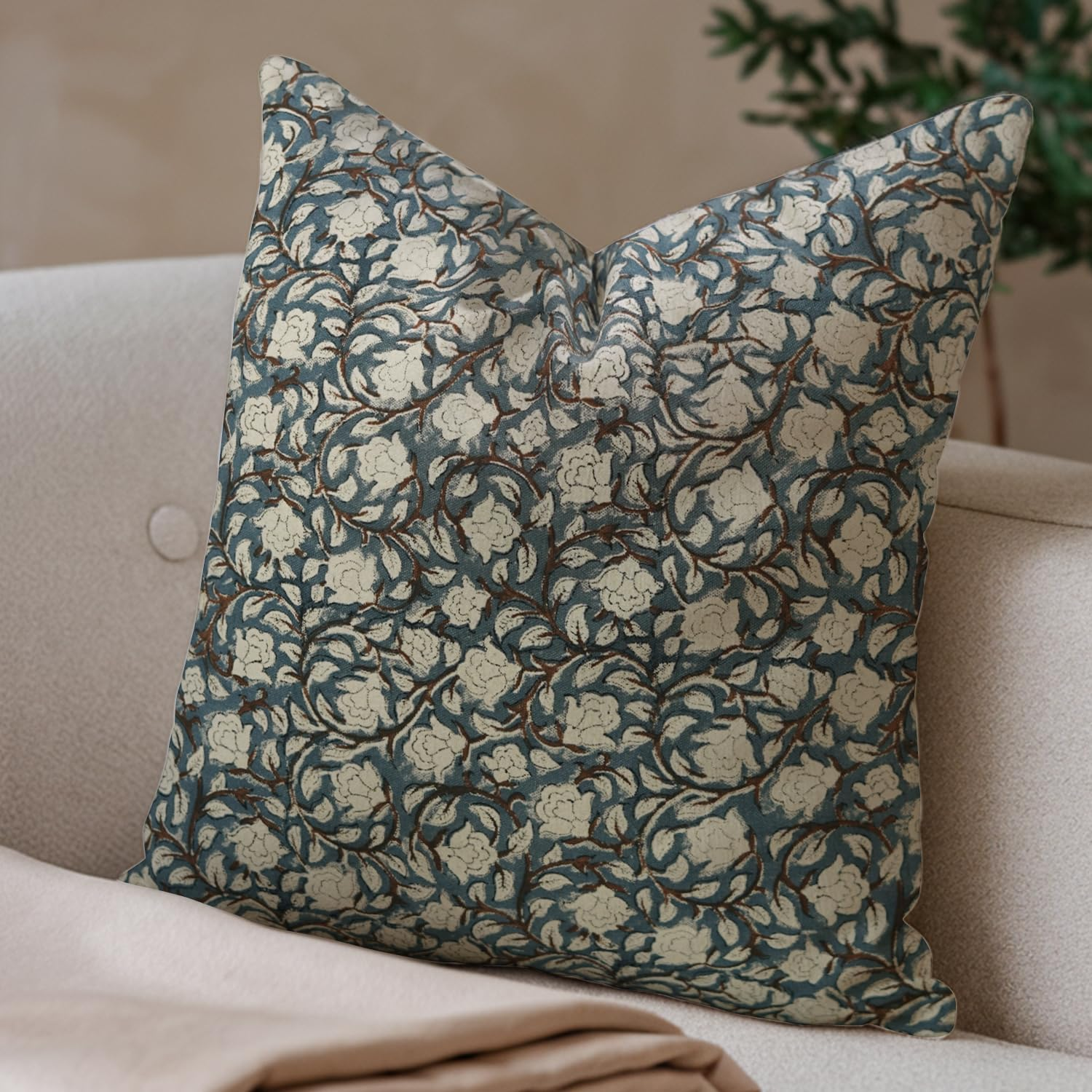 Fabritual Duck Canvas Fabric Handmade Block Floral Print 18X18 Inch Throw Pillowcase Cushion Cover Decorative for Outdoor,Farmhouse, Living Room, Sofa, Bed and Couch (Blue-Amritvella) image number 4