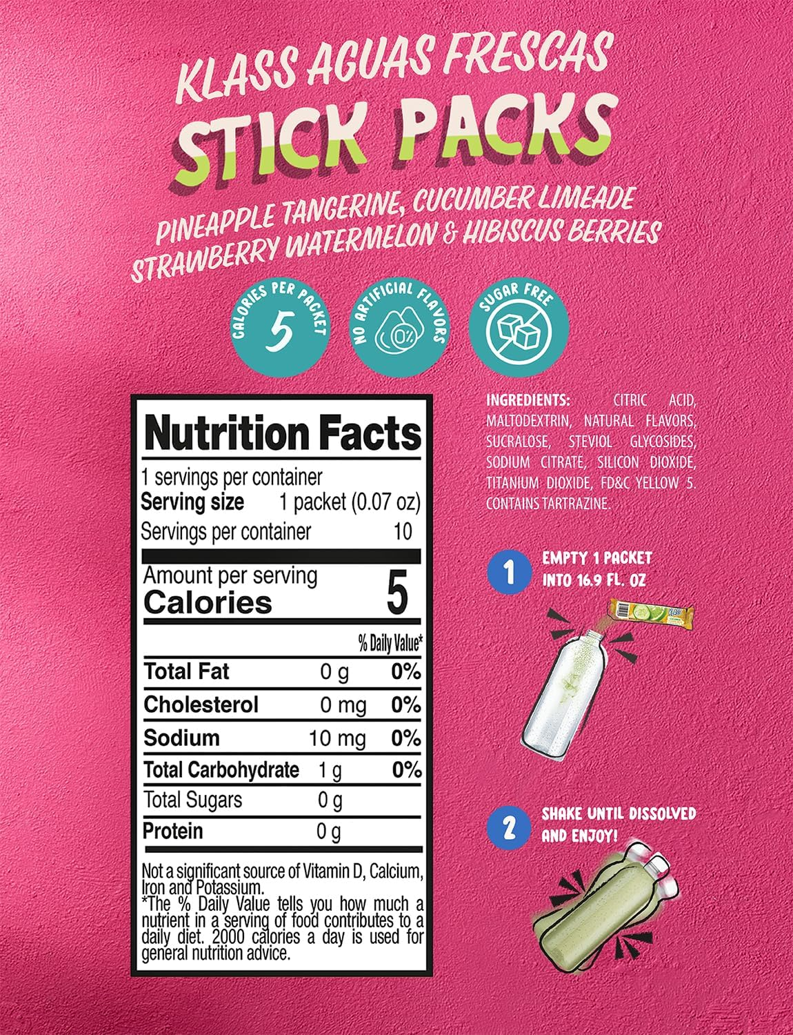 Klass Aguas Frescas Variety Pack - Cucumber Limeade, Strawberry Watermelon, Hibiscus Berries, Pineapple Tangerine (40 Total on the Go Packets) image number 6