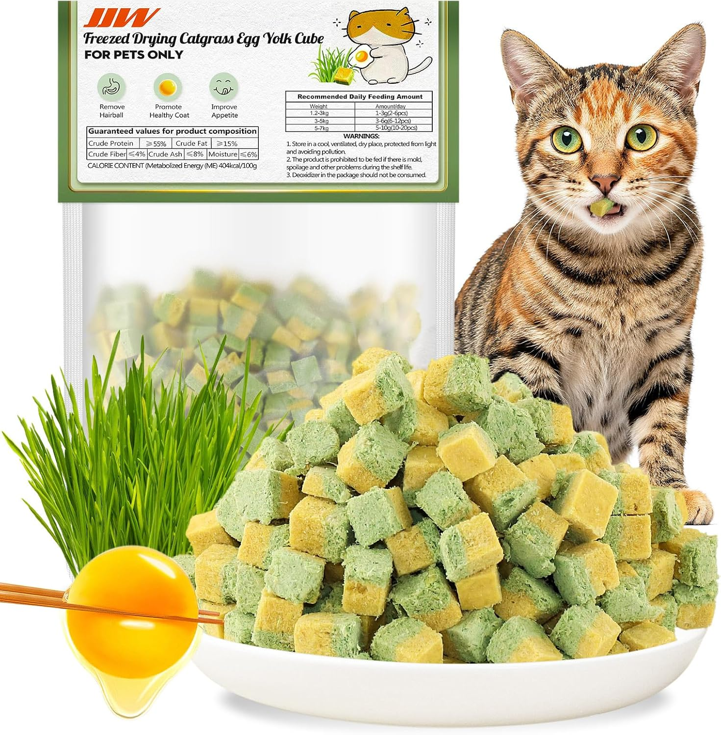 JJW Freezed-Dried Cat Grass Treats, Catgrass Egg Yolk Duo Bites, Cat Dental Treats for Hairball Control and Healthy Coat, Cats Teething Stick (60G, Egg Yolk) image number 6