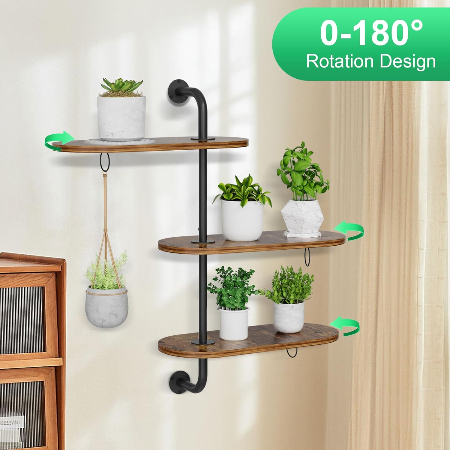 Rotating Window Plant Shelves 3 Tier, Plant Stand Indoor Outdoor Wooden Window Plant Shelf with 3 Circle Hook, 3 Anti-Slip Mats, Hanging Plant Shelf for Window, Plants, Flowerpots image number 2