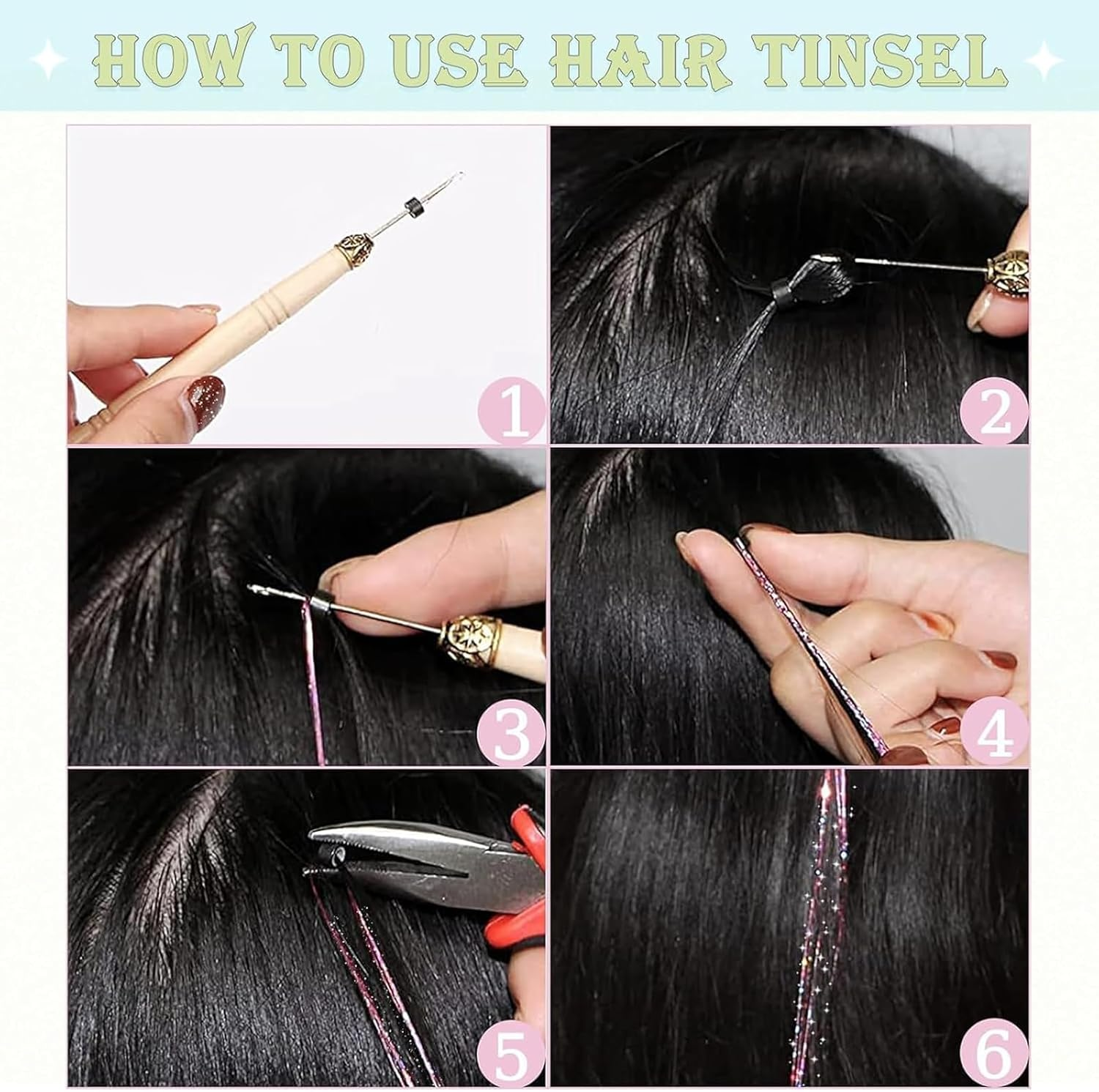 Weidllys Hair Tinsel,18 Colors Hair Tinsel Kit for Girls 7600 Strands Fairy Tinsel Hair Extensions Holographic Hair Tinsel Heat Resistant Colored Hair Glitter Christmas Party Festival (18 Colors) image number 6