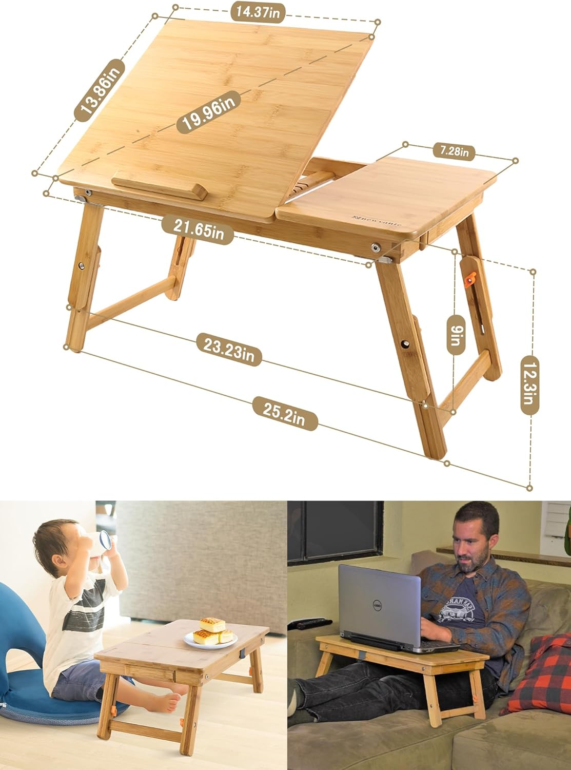 Laptop Desk Nnewvante Table Adjustable 100% Bamboo Foldable Breakfast Serving Bed Tray W' Tilting Top Drawer image number 5