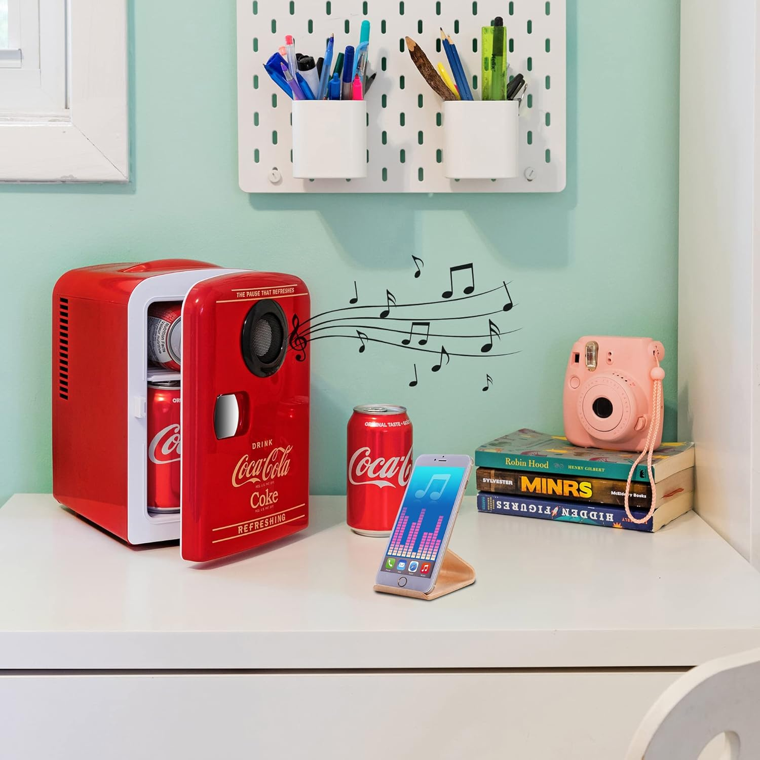 Coca Cola Mini Fridge - Refrigerator for Bedroom Skincare Office, Portable Table Top Beverage Cooler 12V DC/220V AC Refrigerador for Drink, Soda, Wine, Use in Car, Dorm, Patio, Bluetooth, 6 Can