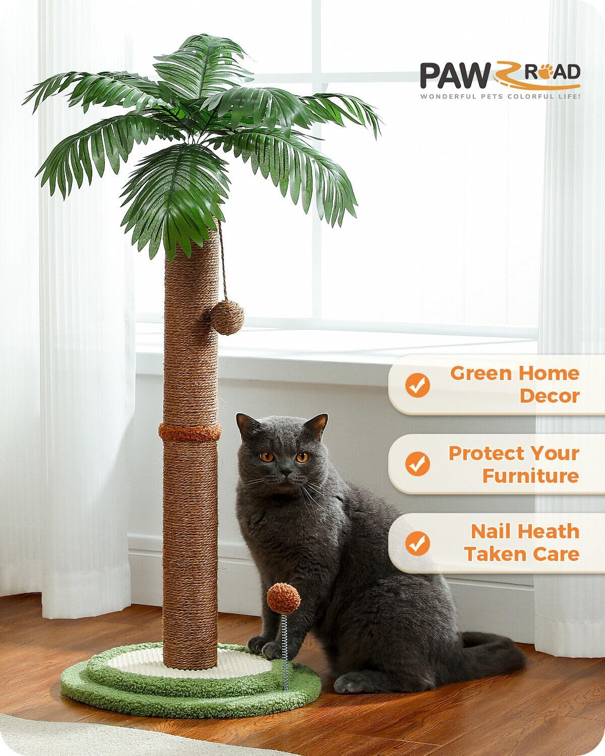 PAWZ Road Coconut Palm Cat Scratching Post 85Cm Cat Scratcher for Indoor Cats with Interactive Balls & 100% Sisal Covered Scratch Posts Brown image number 2