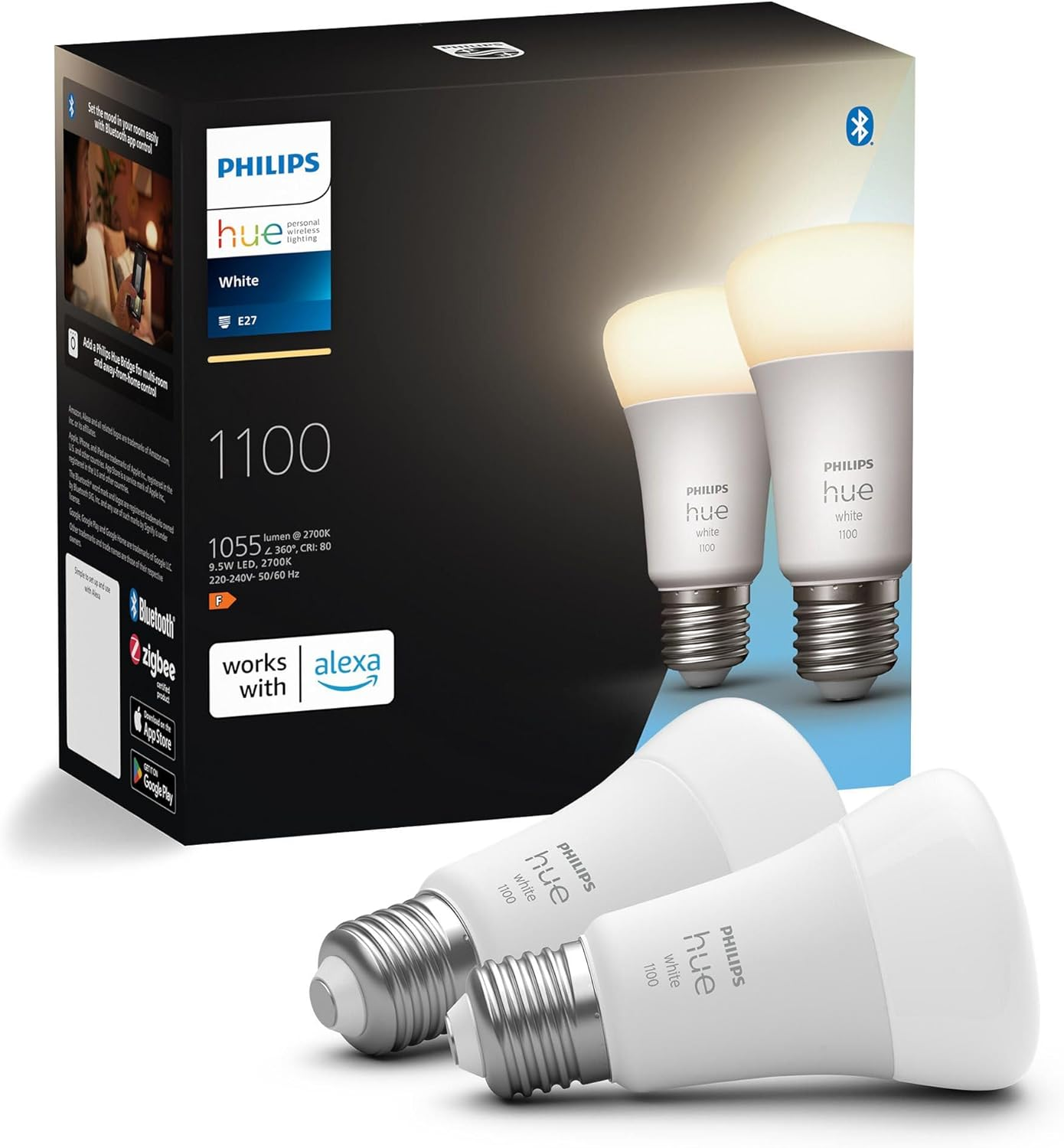 Philips Hue White E27 Lamp Twin Pack 2 X 1055 Lm, Dimmable, Warm White Light, Controllable via App, Compatible with Amazon Alexa (Echo, Echo Dot)