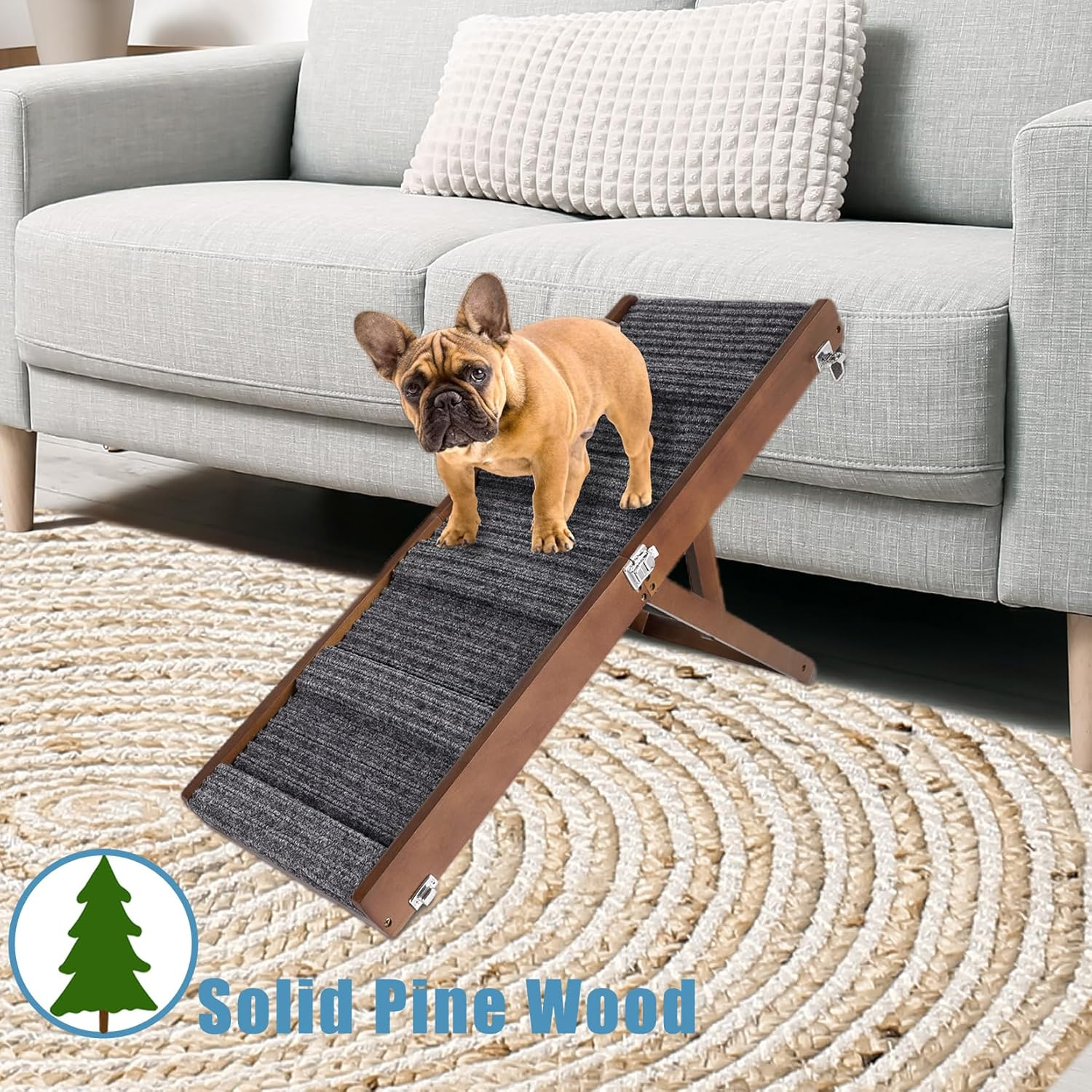 Brown Wooden Framed Folding Portable Pet Ramp. 4 Levels Adjustable 9" to 17.3" with Non-Slip 5 Paw Traction Mat for Small Medium Doggie. Dog Ramps-80Penbn,Uk image number 2