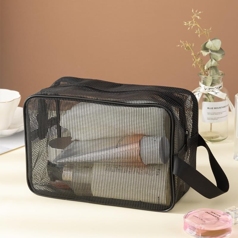 Black Mesh Shower Caddy Toiletry Bag, Portable Zippered Shower Bag with Handle for Bathroom & Dorm Room - Black image number 4