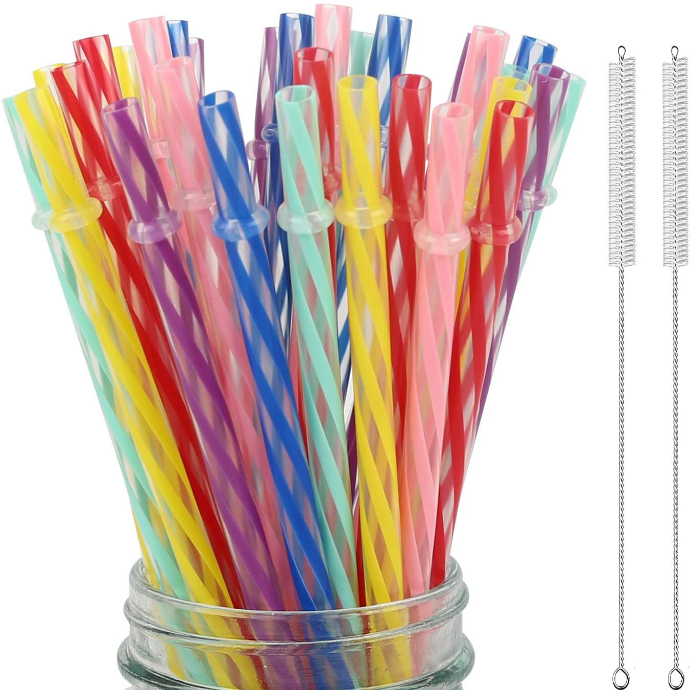 32 Pieces Reusable Plastic Straws Fit for Mason Jars, Tumblers, BPA-FREE, 9" Rainbow Colored Unbreakable Drinking Straws with 2 Cleaning Brushes and Straw Carrying Case- Eco-Friendly