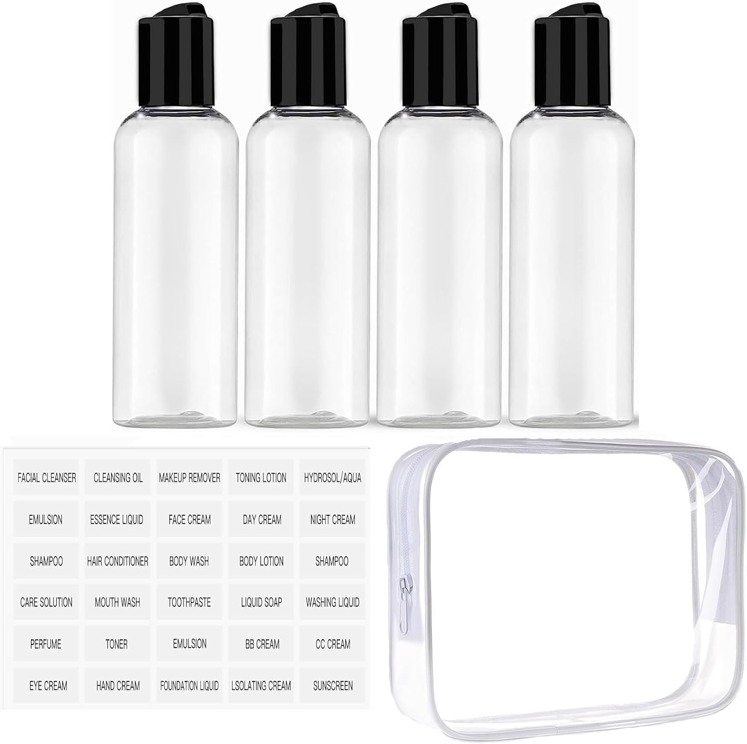 3.4 Oz Travel Bottles for Toiletries, Empty Travel Size Containers Tsa Approved, Small Plastic Shampoo Bottles with Labels and Transparent Storage Bag 4/5 Pcs 100Ml, Clear (4 Pcs Clear) image number 1