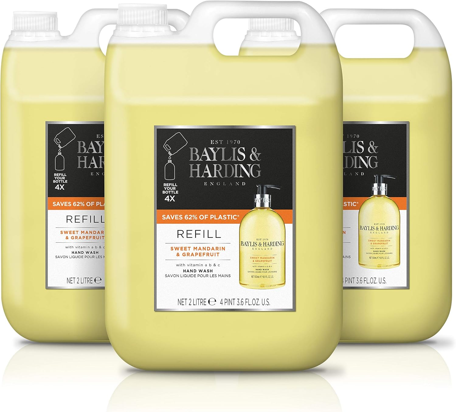Baylis & Harding Sweet Mandarin and Grapefruit Hand Wash 2 Litre Refill (Pack of 3 - Total 6 Litres) - Vegan Friendly image number 1