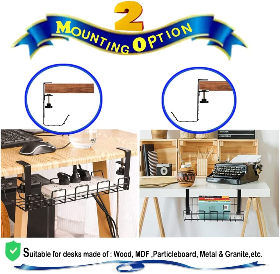 Desk Cord Organiser,Desk Cable Management, Cable Trays under Table,Detachable No Drill Wiir Management Rack for Computer,Table Storage Shelf(Black) image number 2