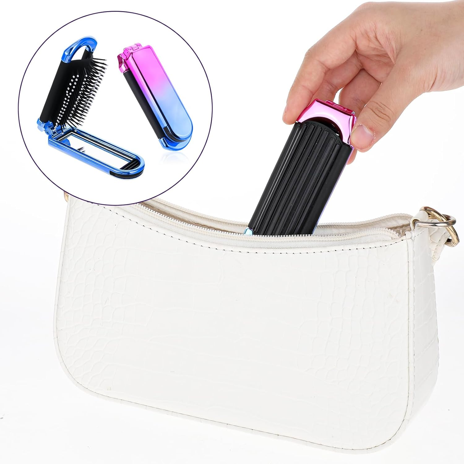 Travel Hair Brush with Mirror, Pack of 2, Foldable Wet Hair Brush, Hair Massage Comb in Travel Size, Compact Hair Brush for Women and Men, Hair Styling Tools (Pink & Blue) image number 2