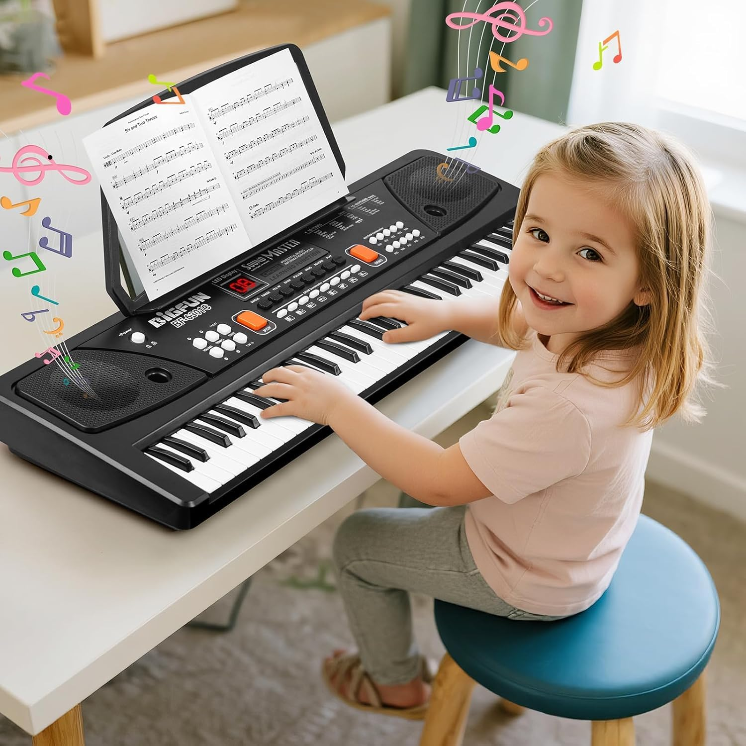 61-Key Kids Piano Keyboard for Beginners - Rechargeable Electronic Music Toy Piano with Music Stand Microphone LED Display AUX in - Birthday for 3-9 Year Old Boys Girls (Black) image number 1