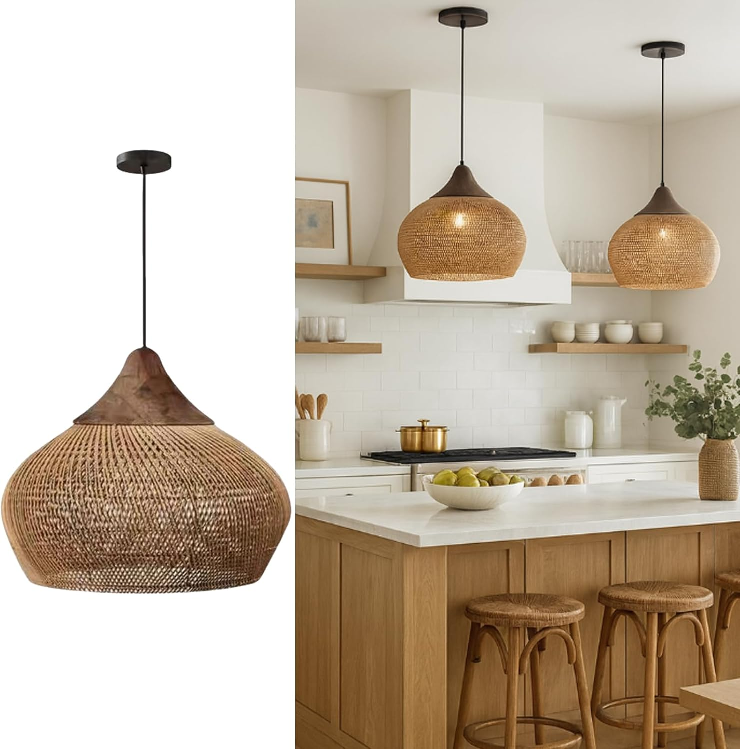 Rattan Pendant Light, Handmade Wicker & Bamboo Lampshade,Adjustable Cord,Boho Rustic Chandelier for Kitchen Island, Dining Room & Living Room &ndash; Natural Woven Design Creates Warm (40Cm,Light Brown)