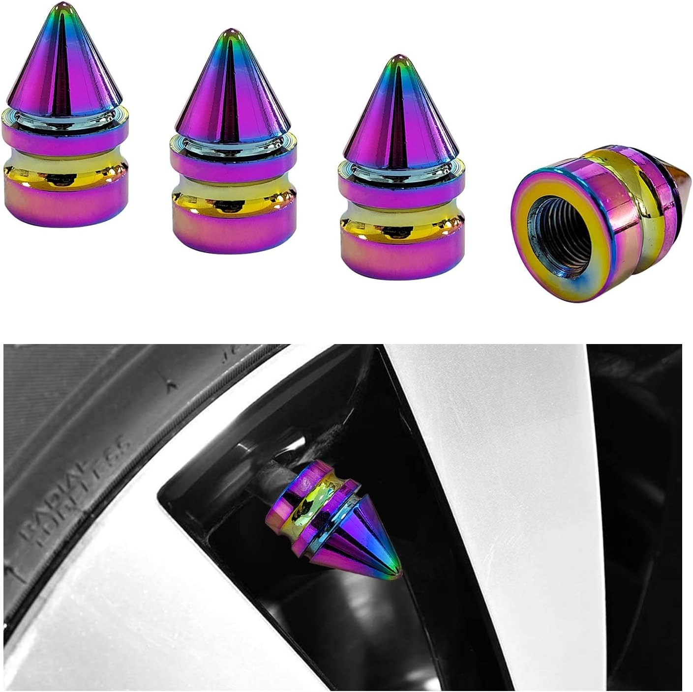 4 PCS Car Tire Valve Caps, Spiked Aluminum Alloy Tire Trim Accessories, Dustproof Tire Wheel Stem Covers, Universal Air Stem Cap for Auto, Trucks, Suvs, Bicycles and Motorcycles (Colorful)