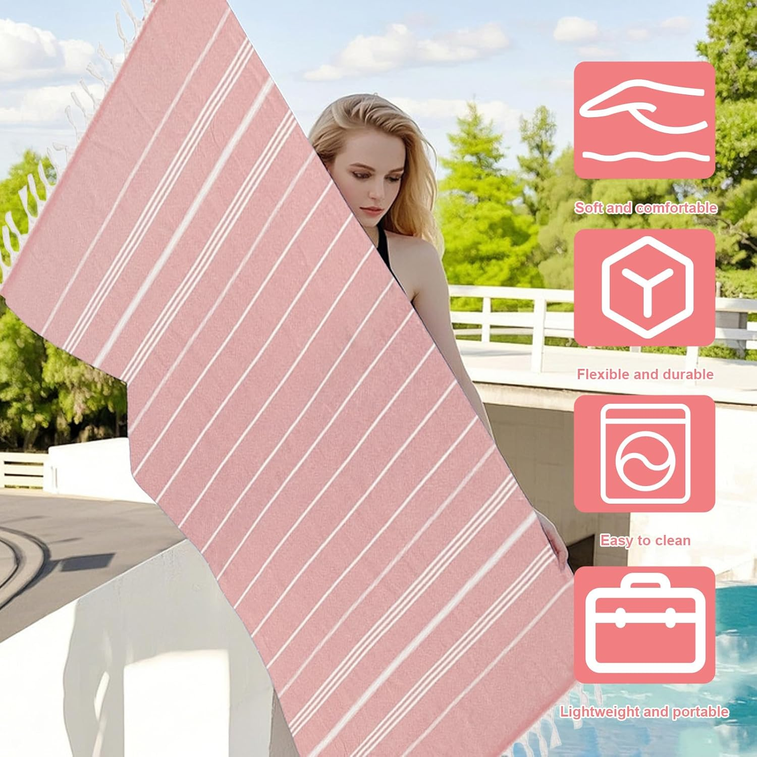 Turkish Beach Towels Quick Dry - Bath Pool Swim Towel, Sand Free Big Blanket for Adults, Travel Essentials & Cruise Accessories, Lightweight & Absorbent, Perfect for Vacation, Summer Must Have （Pink） image number 3