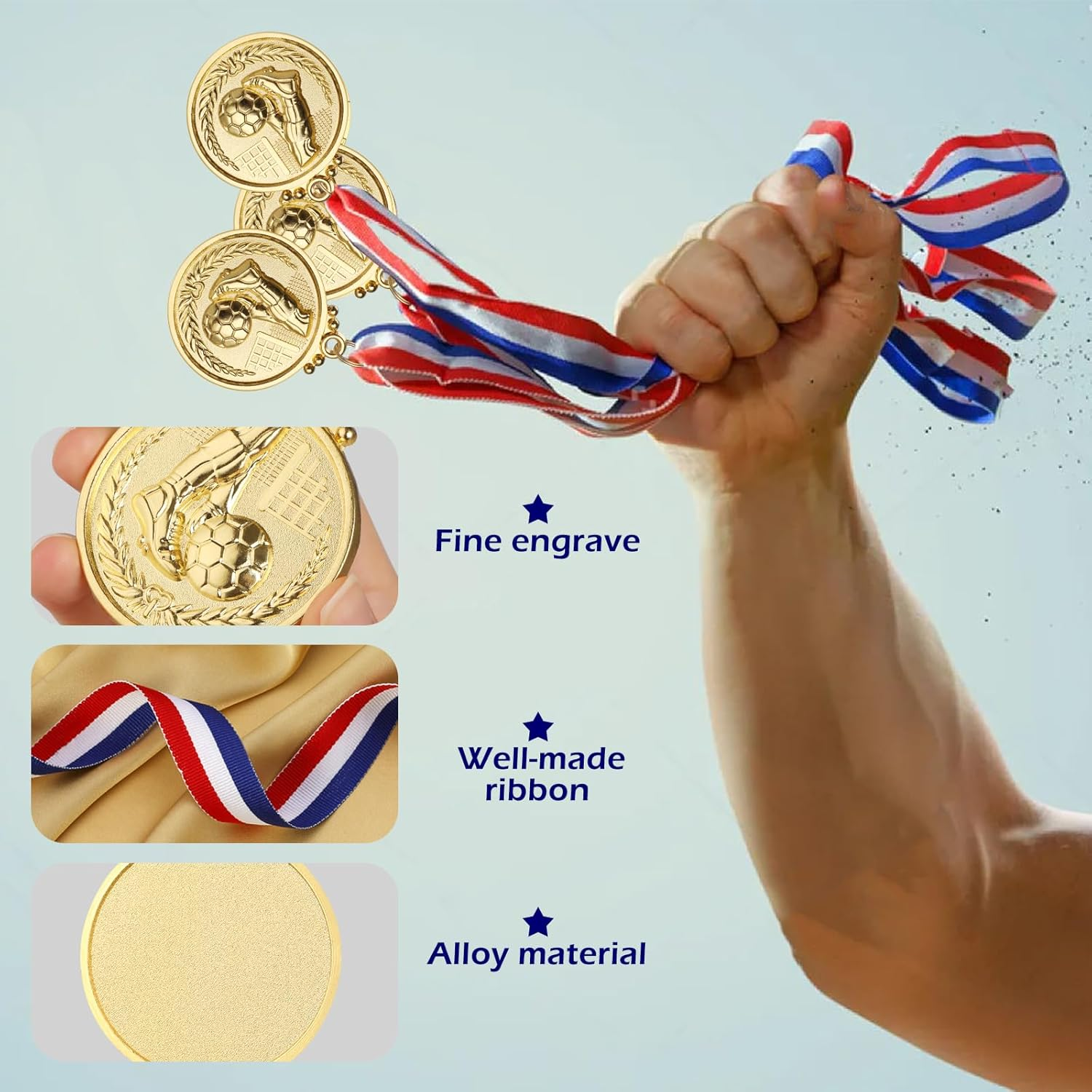 12PCS Gold/Silver/Bronze Medals, Geeric Metal Medal with Neck Ribbons for Kids/Adults/Student/Athlete 1St Medal Winner Medals for Football/Soccer Competition/Sports/Party Decoration image number 6