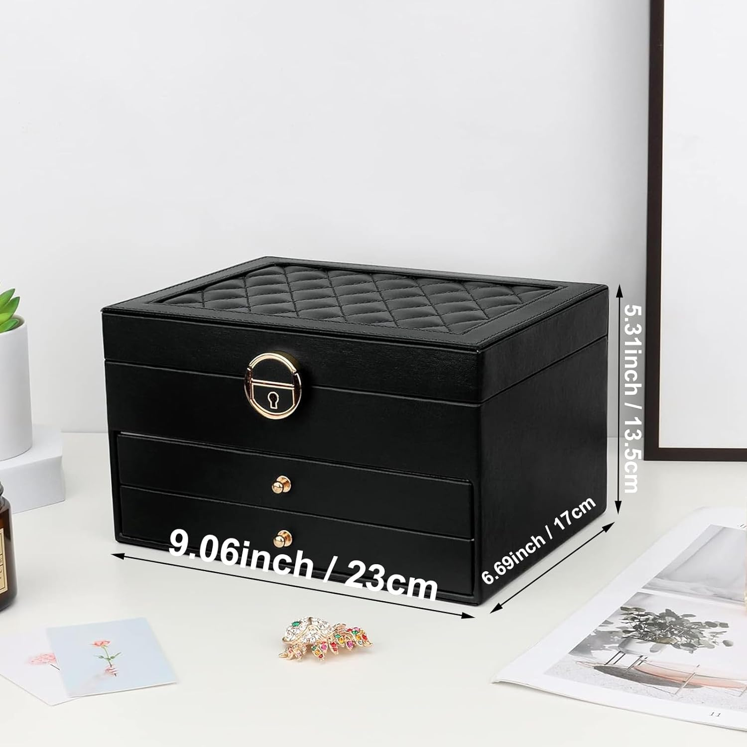 Jewelry Box for Women, Jewelry Organizer Box with Lock, 3-Layer (Black)