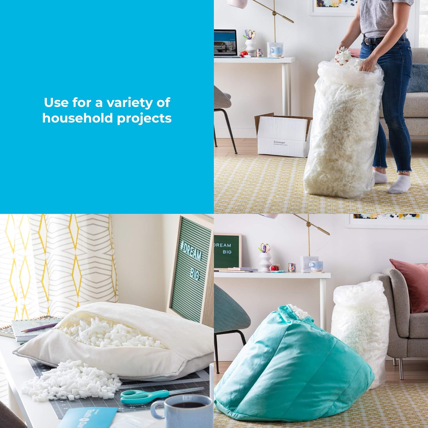 Linenspa Premium Shredded Memory Foam - Premium All White Craft Foam - Replacement Fill for Pillows, Bean Bags, Chairs, Dog Beds, Stuffed Animals, and Crafts, 2.5 Lbs image number 1