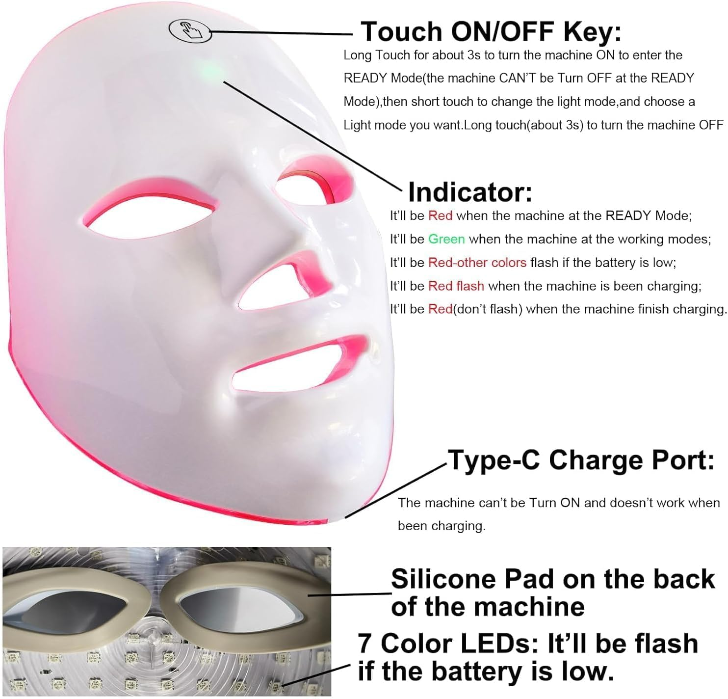 Anberyoo Red Light Therapy Face Mask, 7 Color Led Face Mask Light Therapy Used for Anti-Aging, Rechargeable Portable Cordless Facial Care/Beauty Device Can Be Used at Home or While Traveling image number 4