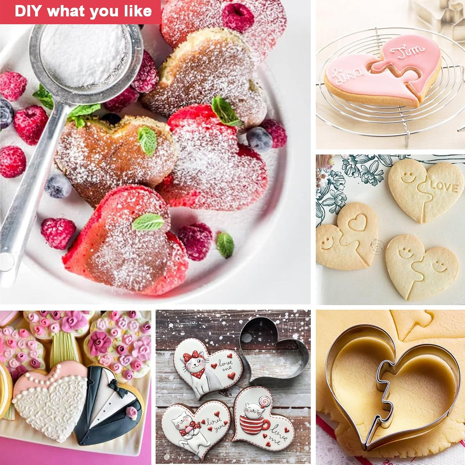 YQQZQ 7Pcs Stainless Steel Cookie Biscuit DIY Mold,Different Heart Cutter Baking Mould,Idea Snacks Mold for Valentine'S Day,Wedding and Anniversary Day Party