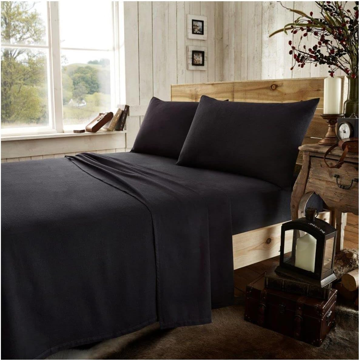 GC GAVENO CAVAILIA Easy Care Plain Dyed Flannel Flat Sheet, 100% Brushed Cotton Luxury Bedding Accessory, Soft & Cosy Bed Linen, Black, Single Size Bedsheet