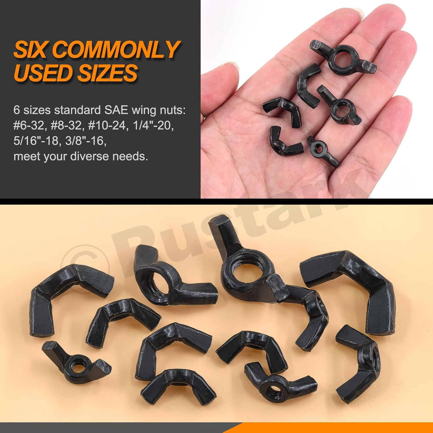 Rustark 125Pcs 6 Sizes Black SAE Zinc Plated Butterfly Wing Nuts Assortment Kit Butterfly Wingnuts Carbon Steel Wing Nuts Hand Twist Secure Fasteners for Industrial Machine image number 1