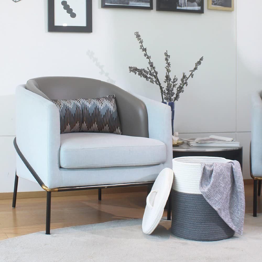 Yimi'S Dream Storage Basket with Lid, Cotton Rope Woven Storage Basket, Small Storage Bins, Nursery Organizers and Storage, Baby Toy Laundry Basket (White & Grey, 12D X 13.5H Inches) - Whiteblacksuture - With Lid(1 Pack) image number 2